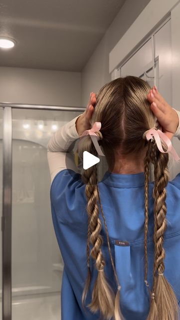 kennedy powers lyons on Instagram: "the cutiest pigtails 💕🎀 tag me if you try 🫶   #hairtutorial #slickhairstyles #nursinghairstyles" Sporty Pigtails, Pig Tails Hairstyles Long Hair, Slick Pigtails, Long Hair Pigtail Styles, Pigtail Twists, Slick Back Pigtails, Track Braids, Cute High Ponytail Hairstyles, Twist Pigtails