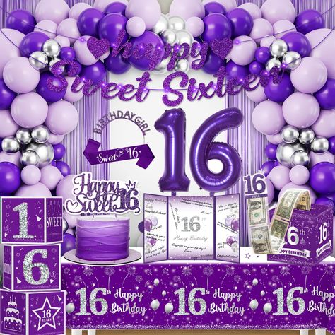 PRICES MAY VARY. Package contents: You will receive a purple sweet 16 birthday decoration for girls set, including 1 sweet 16 banner with light, 100 latex balloons with 3 colors 3 sizes, 16th foil balloons, 3 balloon boxes, 2 foil fringe curtains, 1 tiara, sash, cake topper, guest book, money pull box, tablecloth, and some accessories (a glue dot, balloon chain, line, straw) Easy to assemble: The sweet 16 decorations are easy to assemble, our sweet 16 balloons are rich and enough, we deliver bal Sweet 16 Decorations Purple And Silver, Sweet 16 Party Ideas Themes Purple And Blue, Dance Sweet 16, Purple Sweet 16 Party Ideas, Purple Sweet 16 Decorations, 16 Birthday Decorations, 16 Party Decorations, Light Balloons, Purple Sweet 16