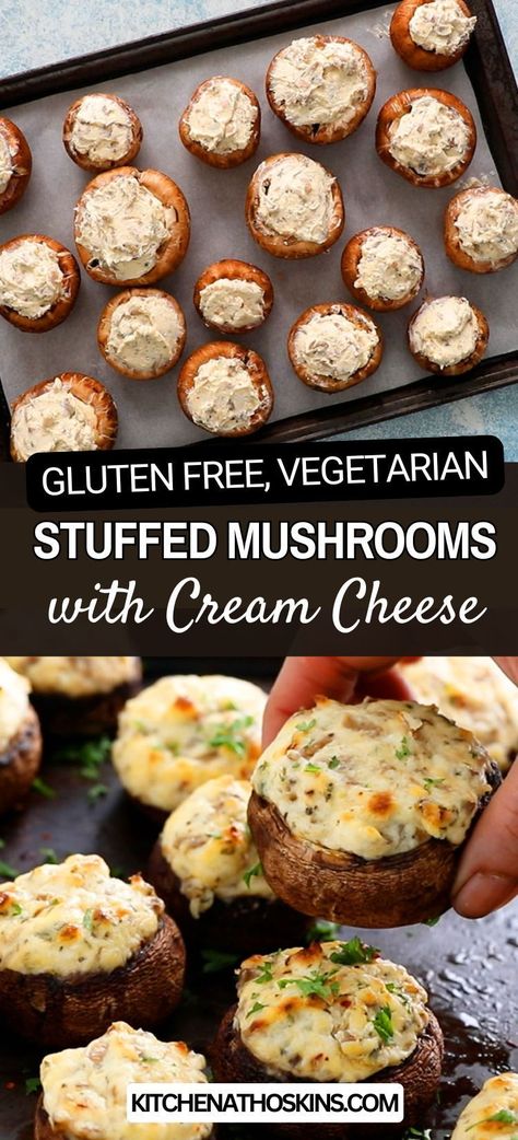 Learn how to make the best stuffed mushrooms with cream cheese that is garlicky, meatless, vegetarian, gluten free and has no meat. Mushroom caps are filled with Philadelphia cream cheese, baked in the oven and served hot to make easy appetizer for a crowd to serve at Thanksgiving or Christmas parties. Get the yummy vegetarian stuffed mushrooms recipe at kitchenathoskins.com. Easy Recipes For Appetizers, Gluten And Dairy Free Stuffed Mushrooms, Keto Breakfast Recipes No Eggs, Vegetarian Gluten Free Thanksgiving Recipes, Baked Stuffed Mushrooms Oven, Airfryer Stuffed Mushrooms, Vegetarian Gluten Free Appetizers, Large Mushroom Recipes, Vegetarian Party Dishes