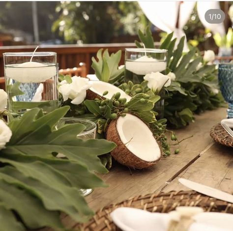 Tropical Beach Wedding Centerpieces, Boho Tropical Wedding Table Decor, Frangipani Table Decorations, Bali Table Setting, Coconut Tablescape, Tommy Bahama Party Theme Wedding Reception, Tropical Round Table Decor, Tropical Theme Centerpieces, Filipino Centerpiece Table Settings