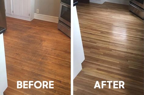 Hardwood floor refinishing in kitchen - before and after Refinish Hardwood Floors, Oak Floor Stains, Wood Floor Stain Colors, Walnut Wood Floors, Hardwood Floor Refinishing, Wood Floor Finishes, Refinish Wood Floors, Old Wood Floors, Floor Refinishing