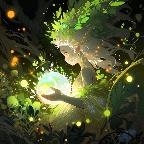 Anime Mother Nature, Nature Magic Fantasy Art, Plant Magic Art, Forest Spirit Character Design, Nature Powers Aesthetic, Wow Art, Fantasy Artwork, Art Plastique, Creature Art