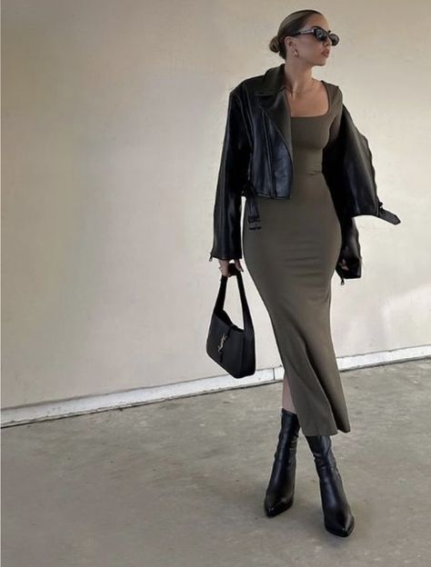 Black Bodycon Dress Outfit Fall, Long Dress And Leather Jacket, Tube Dress Winter Outfit, Black Knit Midi Dress Outfit Winter, Modest Aesthetic Outfits Winter, Long Black Dress And Boots, Knitted Maxi Dress Outfit, Dress With Jacket Outfit Casual, High Heels Outfit Aesthetic