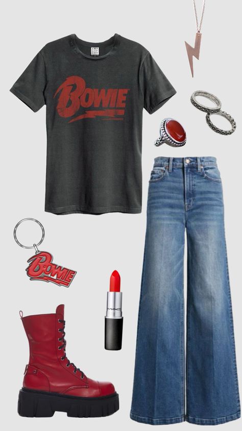 Band T-shirt outfit #outfitinspo #vintage #bandtshirt #davidbowie #80s #70s 80s Band Shirts, Band Outfits, T Shirt Outfit, 80s Bands, Band Shirt, Tshirt Outfits, Band Shirts, Shirt Outfit, Band