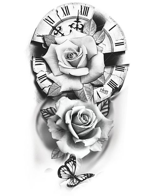 Clock Tattoo Sleeve, Clock And Rose Tattoo, Butterfly Tattoos Images, Unique Half Sleeve Tattoos, Chicano Tattoos Sleeve, Arm Sleeve Tattoos For Women, Rose Drawing Tattoo, Filigree Tattoo, Ear Tattoo Ideas