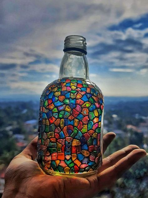 Old Monk bottles redesigned with glass colors. for the aesthetics🎨 Glass Bottles Art Paint Aesthetic, Old Monk Bottle Art Diy, Glass Painting Patterns On Bottles, Glass Colours Painting On Bottles, Old Monk Bottle Painting, Old Monk Bottle Art, Aesthetic Bottle Art, Glass Bottle Art, Beer Bottle Art