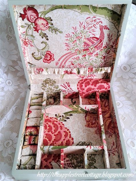 Now It's a Jewelry Box! Restored Jewelry Boxes, Refurbish Jewelry Box Diy, Refinish Jewelry Box How To, Jewelry Box From Old Book, Travel Sewing Case, Restore Jewelry Box Vintage, Flatware Chest, Diy Fabric Jewellery, Jewelry Box Makeover