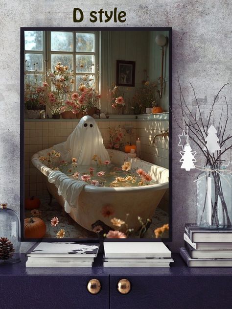 1PC Halloween Series Unique Style Wall Art Decoration, Spooky Canvas Wall Art – Ghostly Floral Hideaway Canvas Wall Painting For Halloween Decor – Perfect For Eerie Atmosphere In Living Room Or Bedroom, Frameless Painting Core Multicolor Modern   PVC Halloween Unframed Painting,Hanging Painting   Home Decor, size features are:Bust: ,Length: ,Sleeve Length: Cozy Halloween Bedroom, Halloween Bedroom Ideas, Gothic Humor, 200 Aesthetic, Indoor Halloween Decorations, Spooky Forest, Halloween Bedroom Decor, Cat Magic, Cozy Halloween