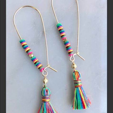 Sao Paolo Rainbow Tassel Earrings Super Lightweight Earring With 14kt Gold Filled Thread Hooks, Rainbow Accent Beads & Rainbow Tiny Tassel 2.25" In Length, Feather Light Boho Tassel Earrings, Embroidery Thread Earrings, Diy Simple Earrings, Trending Earrings 2024, Boho Beaded Jewelry, Easy Diy Earrings, Earring Making, Bead Earrings, Hoop Earrings Diy