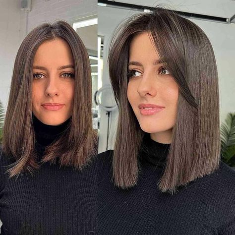 One Length Hair With Bangs, Medium Length Thinning Hair Styles, From Long To Short Hair Before And After, Hair Cuts Ideas Medium Layered, Long Vs Short Hair Before And After, Hair Cuts Ideas Medium, Haircut Before And After, Medium Lob Haircut, Hair Before And After