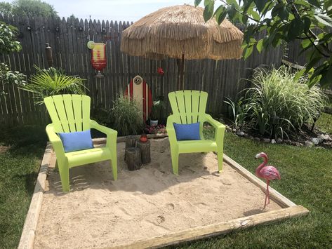 Backyard Beach Theme, Hammock Ideas Backyard Beach, Homemade Beach In Backyard, Sand Patio Ideas Backyard Beach, Tiki Themed Backyard, Diy Beach Backyard, Backyard Sand Area, Backyard Beach Diy, Sand Landscape Ideas