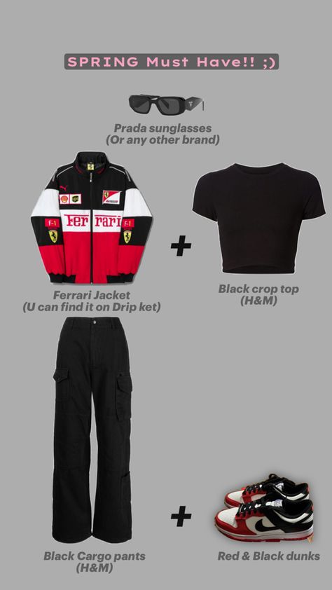 You can buy the Ferrari jacket on Dripket, Nike Dunk Lows are available on Staduim Goods!!!

#inspo #outfit #musthave Ferrari Jacket Outfit, Ferrari Jacket, Sporty Jacket, Outfit Inspo Casual, Casual Day Outfits, Racing Jacket, Easy Trendy Outfits, Really Cute Outfits, Casual Style Outfits