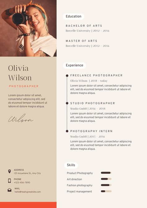 Templates Art Resume Design, Photographer Resume, Cv Maker, Cv Original, First Resume, Professional Resume Examples, Free Resume Builder, Online Resume, Create A Resume