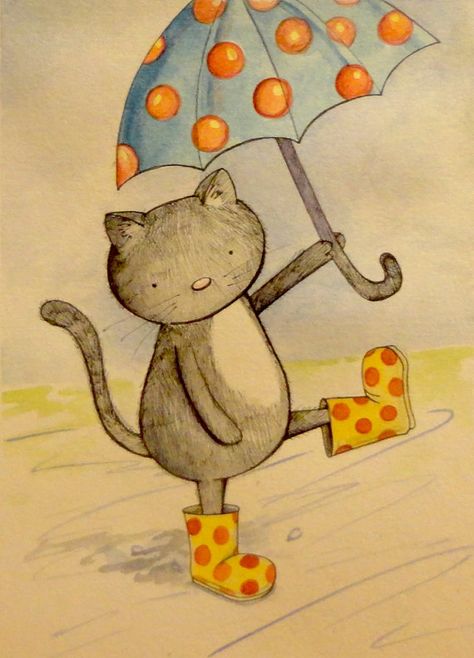 preparado para la lluvia, ilustración de Wendy Leach Rain Watercolor, Cat Dancing, Umbrella Art, Black And White Cat, Dancing Cat, Cats Illustration, Dancing In The Rain, Original Illustration, Childrens Illustrations