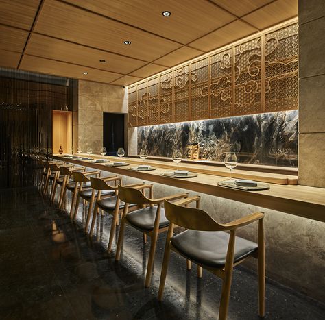 Gallery of Kan Japanese Restaurant / odd - 4 Sushi Bar Design, Japanese Restaurant Interior, Japanese Restaurant Design, Japanese Bar, Japanese Dining, Design Café, Japanese Interior Design, Asian Restaurants, Bar Interior