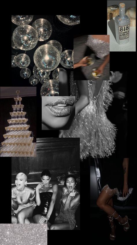 Black Sparkle Party Theme, White Chicks Theme Party, 18th Birthday Disco Theme, Platinum Themed Party, Vogue Party Decoration, 21st Black And White Theme, Glitz And Glam 21st Birthday Party, All Black Party Aesthetic, Glitz And Glamour Party Decorations