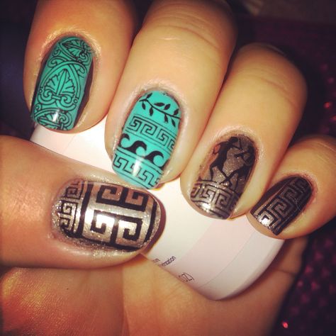 Stamping decals using Moyou London Greek mythology collection. Issued china glaze n colour club Crete Nails, Greek Mythology Nails, Goddess Nails Designs, Greek Goddess Nails, Greek Nails, Goddess Nails, Nails Nail Art Designs, 2023 Nails, Greek Pattern