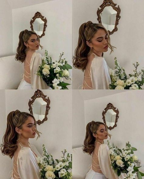 Aesthetic Hairstyles For Prom, Ponytail Bridal Hair, Formal Ponytail, Flowers Photoshoot, Hairstyle For Prom, Formal Hairstyles For Long Hair, Short Dark Hair, Guest Hair, Hair Braid Videos