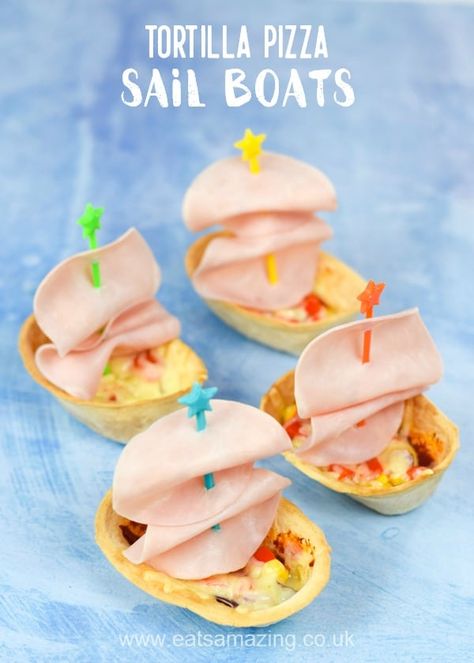 Boat Themed Food, Ocean Cooking Activities For Kids, Pirate Food Ideas For Kids, Pirate Pizza Party, Pirate Themed Lunch, Octopus Themed Snacks, Nautical Food, Pizza Boats, Tortilla Pizza