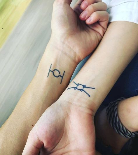 Matching Star Wars ship tattoos inked on wrists for best friends Disney Couple Tattoos, Married Couple Tattoos, Couple Tattoos Unique Meaningful, Second Tattoo, Pokemon Battle, Small Couple Tattoos, Couple Tattoos Unique, Couple Tattoo, Tattoos Geometric