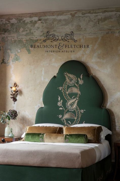 A green, domed shaped headboard with a striking golden embroidery with tulips and leaves. Embroidered Headboards, Embroidered Headboard, Stunning Headboards, Arch Headboard, Cool Headboards, Bespoke Headboards, Painted Headboard, Luxury Headboard, Turkish Architecture