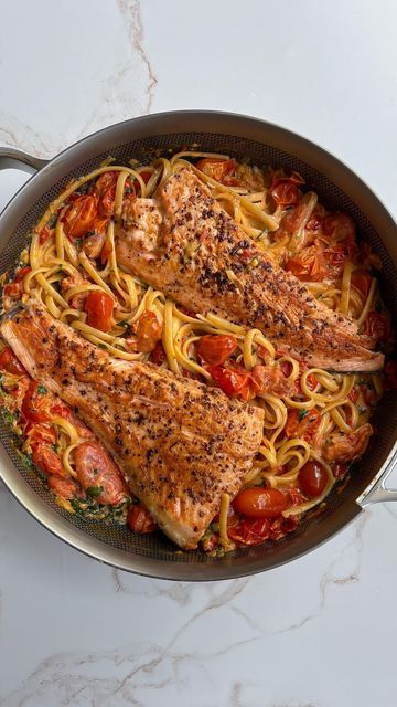 Carina Wolff on Instagram: "creamy calabrian chili salmon & linguine with burst tomatoes! I got the new @ourplace titanium always pan pro, and I wanted to test it out with some pan-seared salmon and a homemade creamy and spicy tomato sauce (recipe below) #ad

the new technology of this pan is so cool! it’s nonstick, but you also have the ability to sear. even though it’s nonstick, there’s no coating, PFAS, or other forever chemicals. 

I’ve linked the pan and all the other @ourplace products I used in this video in my LTK Shop which is linked in my profile (or go here! https://liketk.it/4F2Fh)

RECIPE (serves 2)
8 oz linguine
2 tbsp olive oil, divided (plus more for pasta)
1 lb salmon
Seasoning of choice
2 ½ cups cherry or grape tomatoes
2 shallots, finely chopped
4 cloves minced garlic
2 Salmon Linguine, Chili Salmon, Burst Tomatoes, Forever Chemicals, Always Pan, Calabrian Chili, Spicy Tomato Sauce, Salmon Seasoning, Pan Seared Salmon