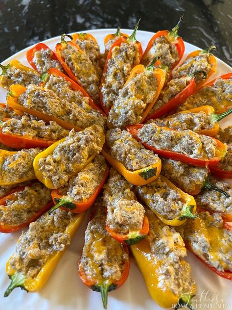 Cream Cheese Stuffed Peppers, Party Meals, Party Finger Food, Alfredo Bake, Mini Peppers, Mini Sweet Peppers, Hot Sausage, Sweet Pepper, Game Day Appetizers