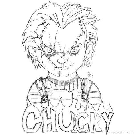 Chucky Tattoo Outline, Chucky Coloring Pages, Chucky Coloring Pages Free Printable, Chucky Sketch, Chucky Drawing Pencil, Chucky Drawing Outline, Drawings Of Chucky, Jack Harrison, Color Psychology