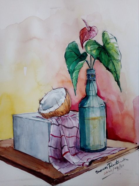 Drawing Ideas Still Life, Still Life 3 Objects, Creative Still Life Drawing, Watercolor Objects Simple, Water Colour Still Life Drawing, Still Life Drawing With Pencil Colour, Still Life Drawing Elementary, Object Drawing Watercolour, Still Life With Watercolor