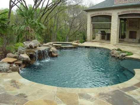 Nice little pool with rock waterfall Pool With Rock Waterfall, Pool Waterfall Landscaping, Pool With Waterfall, Pool Waterfalls, Luxury Pools Indoor, Swimming Pool Waterfall, Small Inground Pool, Inground Pool Designs, Swimming Pool Pond