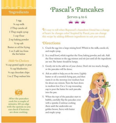 Pascal's Pancakes Tiana Cooking, Disney Recipe Book, Disney Movie Night Menu Princess And The Frog, The Princess And The Frog Beignets, Disney Princess Cookbook Recipes, Disney Movie Themed Dinner, Disney Baking, Disney Inspired Recipes, Disney Themed Food