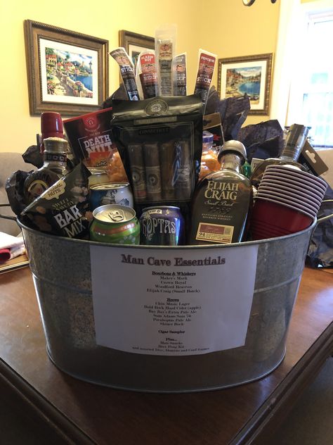 Man Cave Essentials Silent Auction gift basket Alcohol Silent Auction Basket, Mens Silent Auction Basket, Man Cave Basket Ideas, Silent Auction Gift Basket Ideas For Men, Silent Auction Ideas Basket, Prize Basket Ideas, Gift Basket Ideas For Raffles, Man Cave Gift Basket, Social Prizes