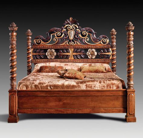 King Four Poster Bed Hand Carved Headboard, Wood Sleigh Bed, Rustic Italian Decor, Vintage Bed Frame, Letto King Size, Carved Headboard, Walnut Bed, Eastern King Bed, King Size Bedding