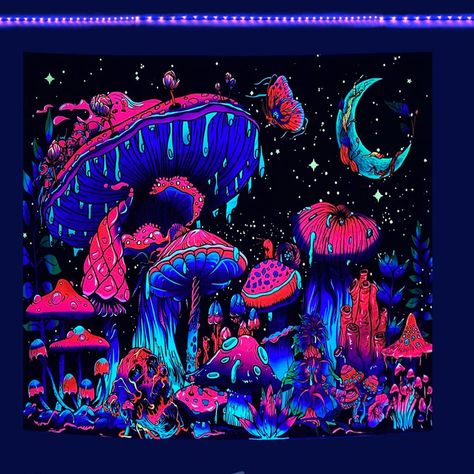 Blacklight Bedroom, Black Light Room, Cool Tapestries, Trippy Pictures, Space Tapestry, Blacklight Posters, Trippy Tapestry, Trippy Room, Trippy Room Decor