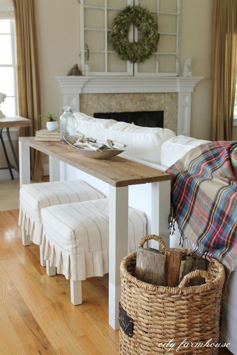 I like this look for behind the couch - extra blankets in the basket? Behind Sofa Table, Farmhouse Sofa Table, Meja Sofa, Table Behind Couch, Farmhouse Sofa, Wood Sofa Table, Behind Couch, Diy Sofa Table, Couch Table