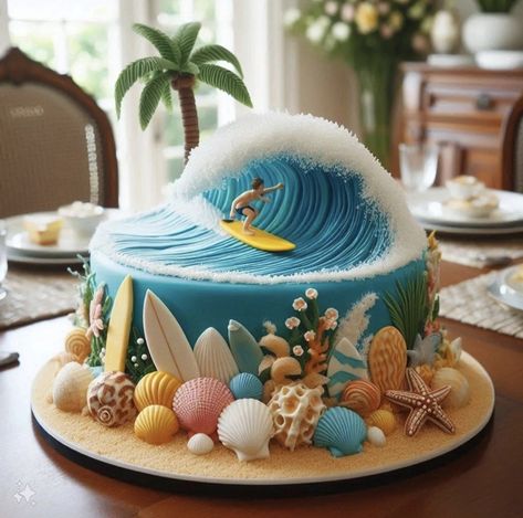 @erlitakrist  🌊~Beach  Cake Scuba Cake, Summer Birthday Cake, Surf Cake, Boat Cake, Beach Themed Cakes, Beach Cake, Ocean Cakes, Birthday Cakes For Teens, Sea Cakes