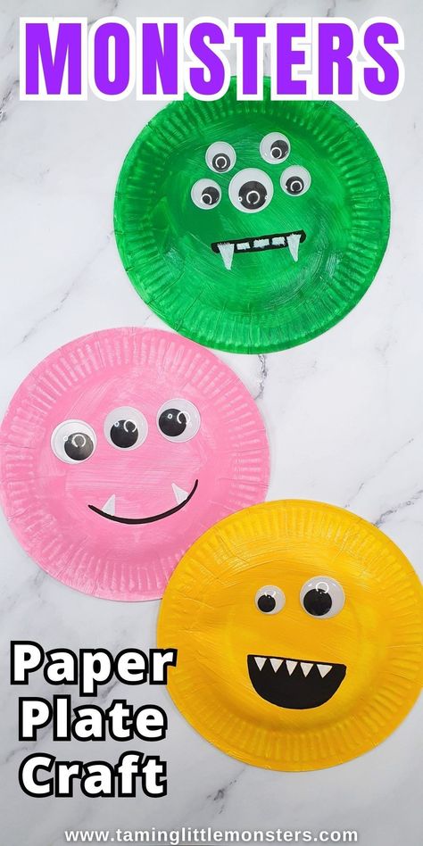 Monster Art Activities For Preschool, Paper Plate Monsters, Monster Art Preschool, Halloween Process Art For Toddlers, Paper Plate Halloween Crafts For Kids, Monster Activities For Toddlers, Monster Paper Plate Craft, Easy Art And Craft, Fun Art And Craft