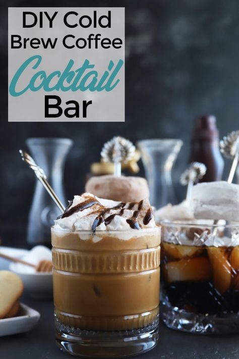 DIY Cold Brew Coffee Cocktail Bar Cold Brew Coffee Bar, Coffee Cocktail Bar, Party Cocktail Bar, Diy Cold Brew, Diy Cold Brew Coffee, Java House, Diy Cocktail Bar, Party Snacks Easy, Brew Bar