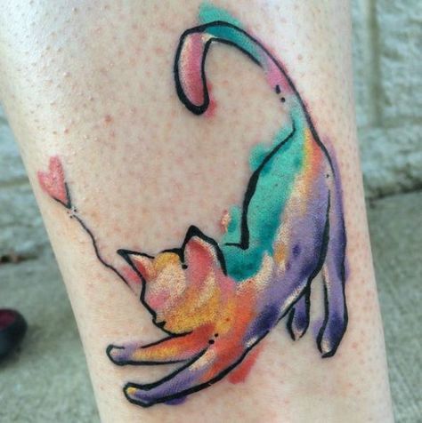 54 cat tattoos that will make you want to get inked. That same stretching cat is even pretty with some splashes of color. Geometric Cat Tattoo, Cat Silhouette Tattoos, Watercolor Cat Tattoo, Cat Portrait Tattoos, Cat Tattoo Simple, Black Cat Tattoos, Silhouette Tattoos, Cat Tattoos, Cat Tattoo Designs