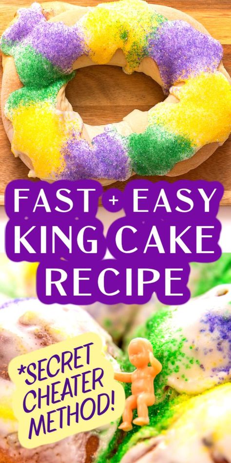 QUICK AND EASY KING CAKE RECIPE FOR FAMILY MARDI GRAS CELEBRATION IDEAS Mardi Gras Cake Recipe, Three Kings Cake Recipe, Recipe For King Cake, Easy King Cake Recipe, King Cake History, Homemade King Cake, Easy King Cake, Fat Tuesday Food, Mardi Gras Desserts