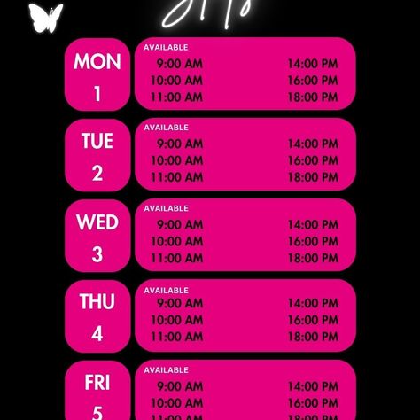 Acuity Scheduling Weekly Availability Weekly Calendar for your Instagram Story or post. 🦋 Saves Time 😎 Boosts Sales 🩷 Looks Cute! Available Weekly Booking Time Slots very easy to edit in Cavna. Social Media Post Template for hair stylists, lash tech, nails tech, and anyone else in the beauty industry who needs a cute calendar for their IG story!🩷 https://7cf5d5-65.myshopify.com/products/acuity-scheduling-design-instagram-story-availability-calendar-canva-social-media-post-template-acuity-... Events Calendar Design, Event Schedule Design, Tech Nails, Nails Tech, Scheduling Template, Cute Calendar, Social Media Post Template, Lash Tech, Weekly Calendar