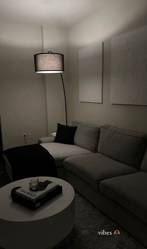 Black And Dark Gray Living Room, Black Couches Living Room, Dark Minimalist Aesthetic Apartment, Apartment Black Aesthetic, Black And Grey Home Aesthetic, Gray White And Black Living Room, Grey House Decor, Dark Aesthetic Living Room, Living Room Designs Dark Couch