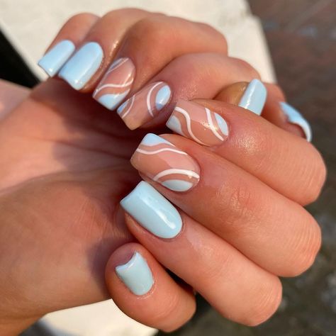 30+ Gorgeous Spring and Summer Nails to Inspire You Light Blue Nails With Design Simple, Trendy Blue Nails Short, Light Simple Nails, Popular Acrylic Nails 2023, Mid Summer Nails, Light Blue Nail Designs Short, Light Blue Homecoming Nails, Pretty Blue Nails Short, Stylish Nails Blue