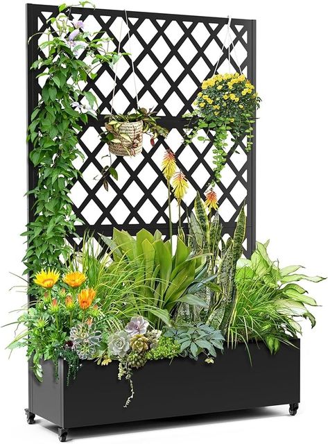 Amazon.com: FENCY Metal Planter Box with Diamond Lattice Trellis Planter Box for Climbing Plants/Vines, Galvanized Raised Garden Bed On Wheels, Garden Bed with Trellis(73"x47" Black) : Patio, Lawn & Garden Garden Bed With Trellis, Plants Vines, Planter Box With Trellis, Planter Trellis, Lattice Trellis, Metal Raised Garden Beds, Planter Beds, Metal Planter Boxes, Flower Baskets