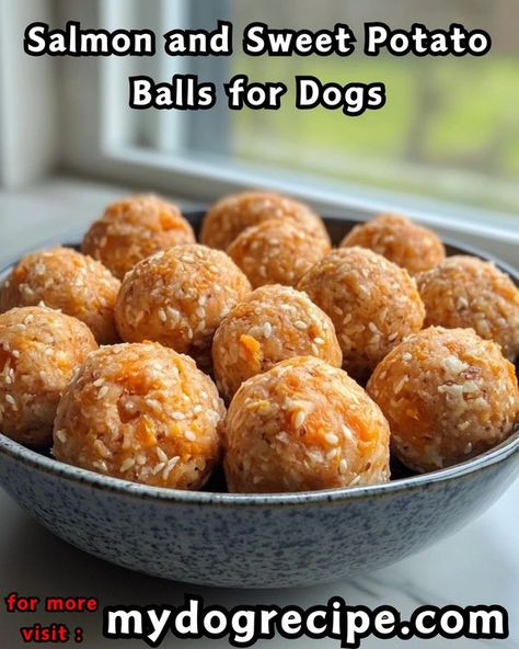 Homemade dog food recipes | 🐟🍠 Salmon and Sweet Potato Balls for Dogs 🐾 | Facebook Sweet Potato Snacks For Dogs, Salmon Dog Food Recipes, Sweet Potato And Banana Dog Treats, Sweet Potato And Bacon Dog Treats, Chicken Sweet Potato Dog Treats, Dehydrated Salmon For Dogs, Salmon Dog Treats, Sweet Potato Dog Treats, Salmon And Sweet Potato