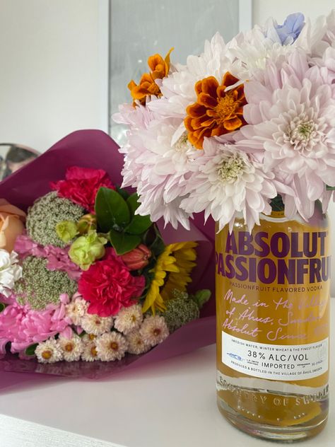 Vodka Bouquet, Flowers With Alcohol Bottles, Alcohol Flower Bouquet Mini Bottles, Flower Box With Alcohol Bottle, Aesthetic Vodka Bottles, Alcohol Bottles, Flavored Vodka, Small Business Ideas, Flower Fairy