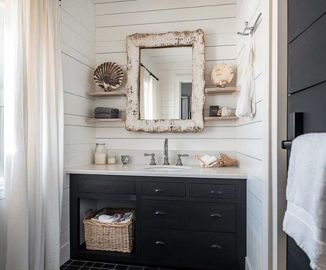 7+ Coastal Black and White Bathroom Ideas for a Breezy Feel • 333+ Inspiring Lifestyle Ideas Coastal Black And White, Black And White Bathroom Ideas, Brick Bathroom, White Bathroom Ideas, Inspiring Lifestyle, Coastal Color Palette, Black And White Bathroom, Pebble Floor, Black Floor Tiles