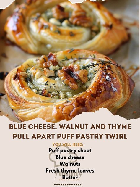 🧀🥐 Try the delicious Blue Cheese, Walnut and Thyme Pull Apart Puff Pastry Twirl for a savory and satisfying appetizer! 🫕🧀 #BlueCheeseTwirl Blue Cheese, Walnut and Thyme Pull Apart Puff Pastry Twirl Ingredients: Puff pastry sheet (1) Blue cheese (1 cup, crumbled) Walnuts (1/2 cup, chopped) Fresh thyme leaves (2 tbsp) Butter (2 tbsp, melted) Garlic powder (1/2 tsp) Salt (1/4 tsp) Instructions: Preheat oven to 375°F and line a baking sheet with parchment paper. Roll out puff pastry sheet and... Pull Apart Puff Pastry, Wine Appetizers, Puff Pastry Appetizers, Cheese Puff Pastry, Puff Pastry Sheets, Savory Appetizer, Bread Roll, Homemade Butter, Puff Pastry Recipes