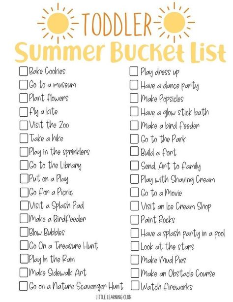 Toddler Summer Bucket List! A great list of indoor and outdoor activity ides for toddlers. Kids Summer Learning Activities, Summer Bucket List With Toddler, Creative Things To Do With Kids, Fun Outdoor Activities For Toddlers, Summer Bucket List With Kids, Summer Projects For Toddlers, Summer Schedule For Toddlers, Weekly Summer Schedule, Toddler Bucket List