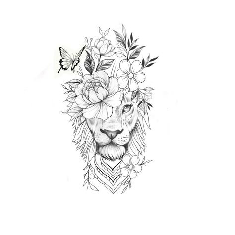 Lion With Butterfly Tattoo, Lion Flower Tattoo Design, Fine Line Lion Tattoo, Lion Flower Tattoo, Lion Tattoo Design Feminine, Lion Tattoo With Flowers, Tattoo Sentences, Front Thigh Tattoos, Lion And Lioness Tattoo